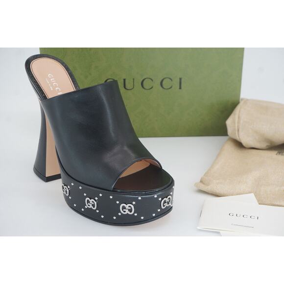 Gucci Malaga Black Open Toe Slide Mule GG Logo Platform Sandals SZ 38.5 $1190 - Picture 1 of 12